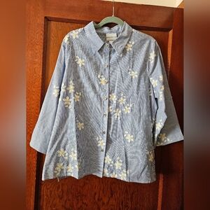 Alfred Dunner Buttondown Blue and White Striped Daisy Top Shirt Size L Large